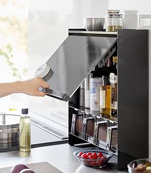 Amazon｜前が開く 隠せる 調味料ラック ブラック 約W38×D16.3